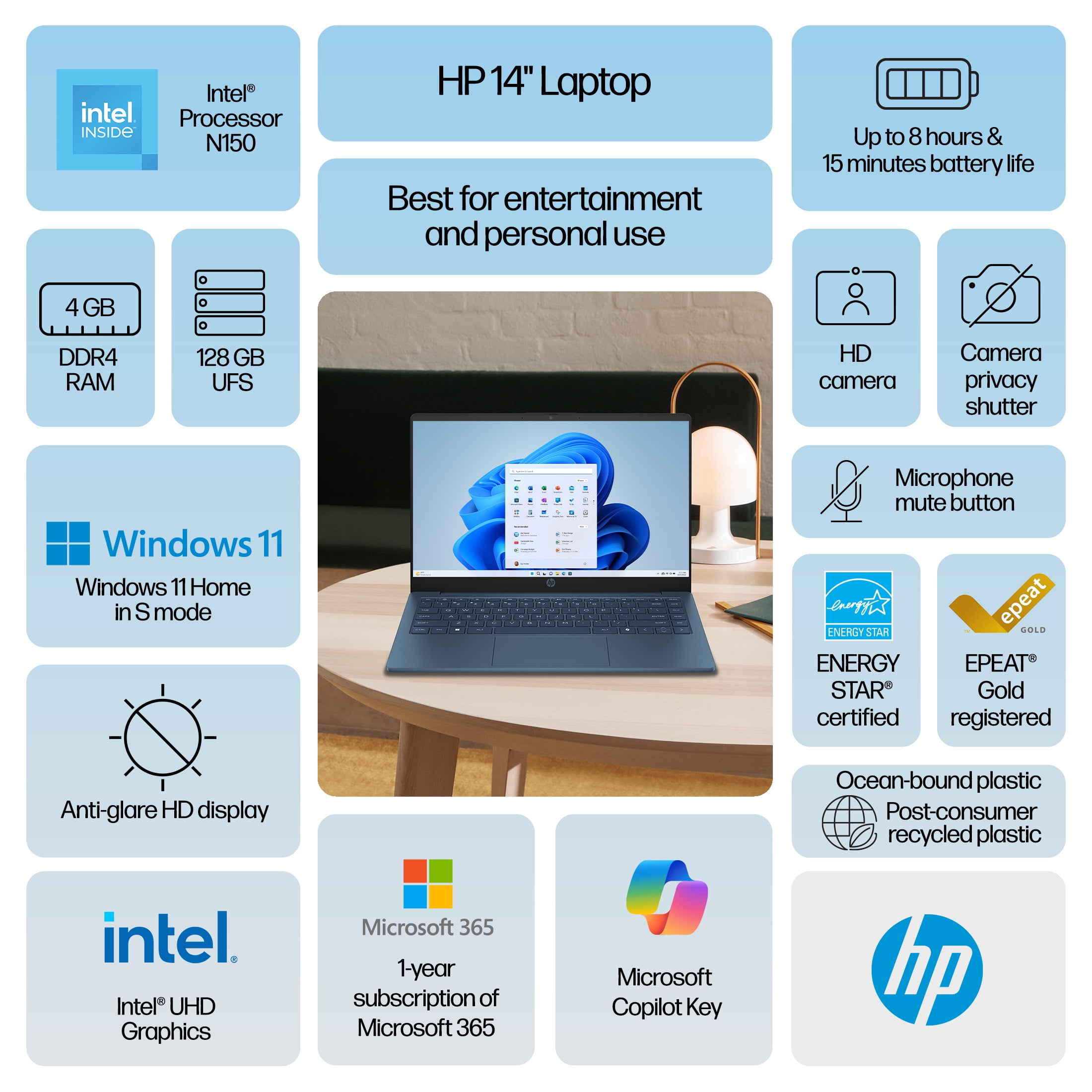 HP Stream 14 inch Win 11 Laptop Intel Processor N150 4GB 128GB eMMC Blue (12-mo. Microsoft 365 included)