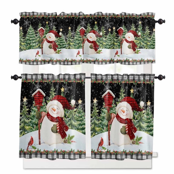 Christmas Snowman Curtain Valances Set Blue Floral Eucalyptus Leaves Winter Kitchen Curtains 24 inch Length Rod Pocket Valance and Tiers 3 Piece Set Small Bedroom Bathroom Laundry Decor