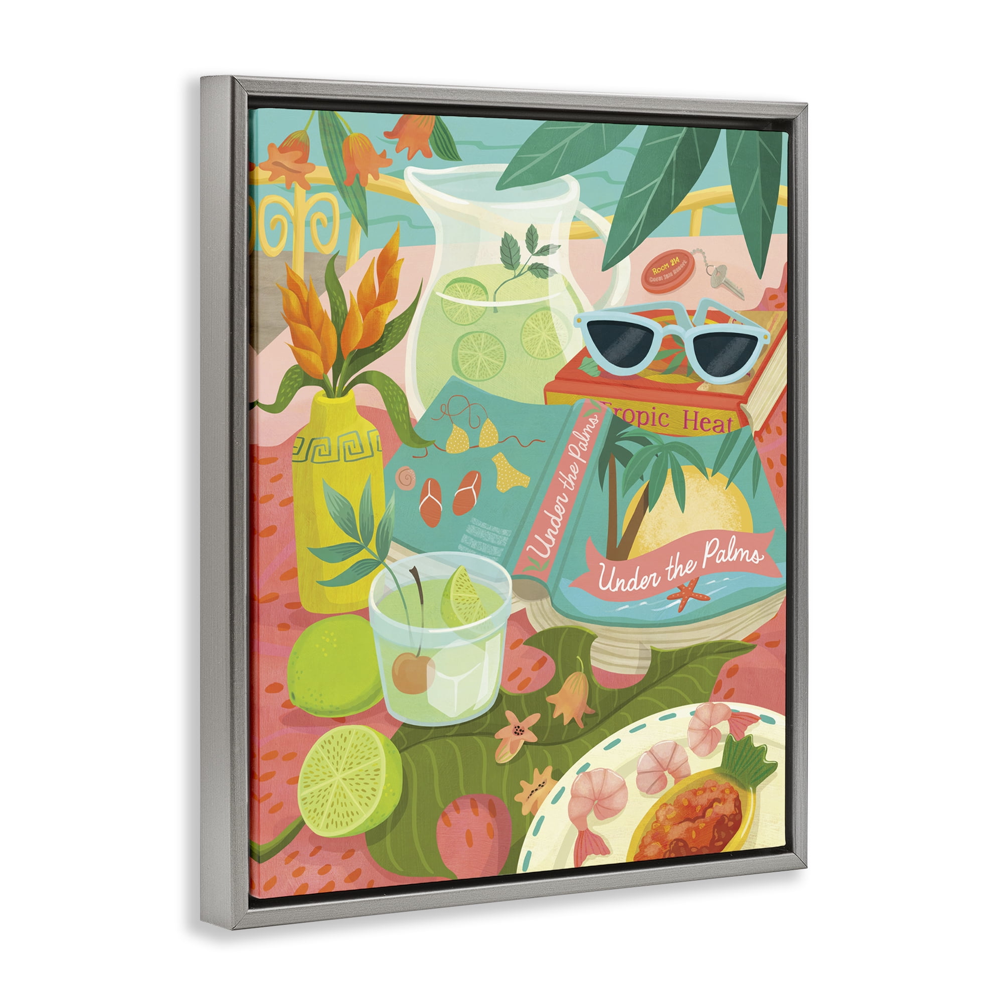 Stupell Industries Tropical Drinks on Beach Food & Beverage Painting Gray Floater Framed Canvas Art Print Wall Art, 25 x 31