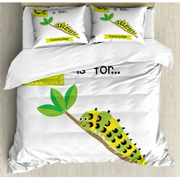 Caterpillar Duvet Cover Set King Size, Children Zoo Alphabet Design with Caterpillar on a Branch Educational, Decorative 3 Piece Bedding Set with 2 Pillow Shams, Green Apple Green, by Ambesonne