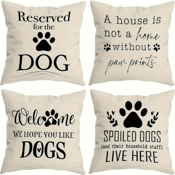 4-Pack Dog Lover Decorative Pillow Covers, Modern Style, Various Whimsical Dog-Themed Quotes, Linen Cushion Cases, Home Sofa and Bed Decoration, Suitable for 18x18in Inserts, Gift Ideas