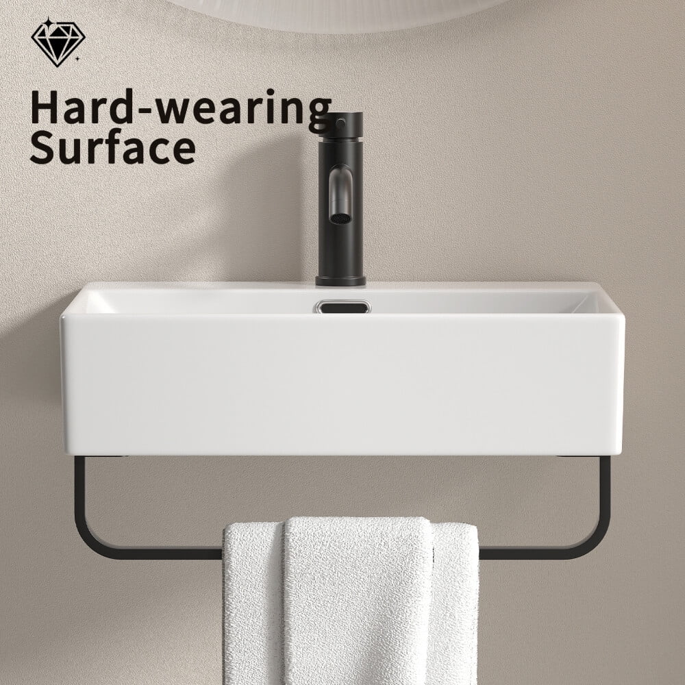 White Wall Mounted Vessel Sink with Towel Rack Small Bathroom Sink for Tight Spaces Modern Floating Vanity with Faucet Hole