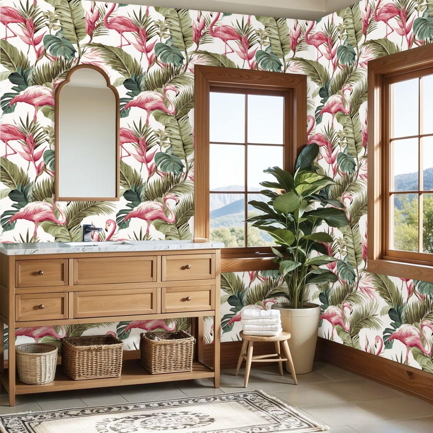 Vintage Peel and Stick Wallpaper Tropical Flamingo Palm Leaf Pink Green Foliage Wall Mural 23.6in x 9.8ft Self Adhesive Removable Wall Paper Renter Friendly Wallpaper for Nursery Bedroom Cabinets