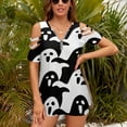 thumbnail image 3 of Cute Ghost Pattern Black And White Womens Summer V Neck Zipper Top Short Sleeve T Shirt Off Shoulder Top Casual Classy Loose Shirts, 3 of 7