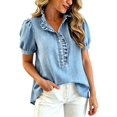thumbnail image 5 of Womens Summer Shirts Puff Sleeve Button Down Denim Oversized Tshirts for Women Blue 2XL, 5 of 9