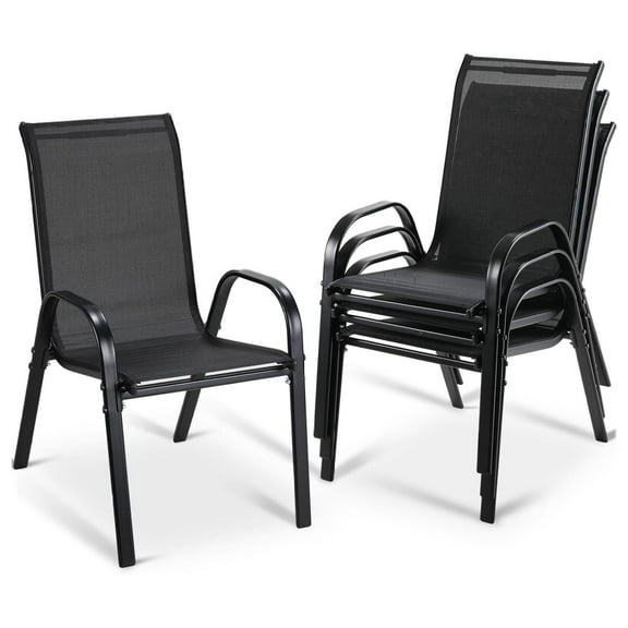 4 Pcs Patio Dining Chairs, Stackable All Weather Teslin Chair, Heavy Duty Outdoor Breathable Chairs Set, w/Armrests, Upgraded Chair FeetW/Strenthened Iron Spacers,for Garden,330 LBS (Black)