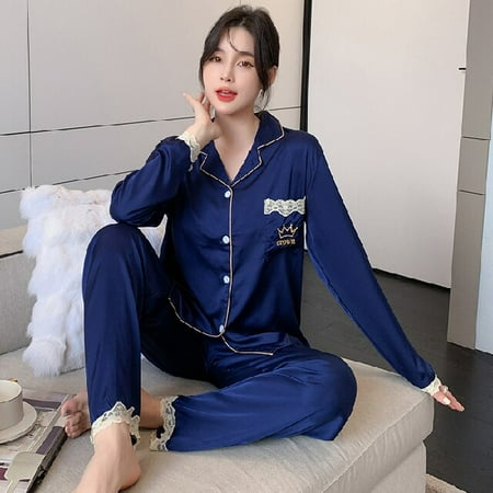 

DanceeMangoo Silk Pajama Long Sleeve Pijama Mujer Femme Solid Color Lace Loose Nightwear Suit Female Casual Homewear Pajama Set for Women