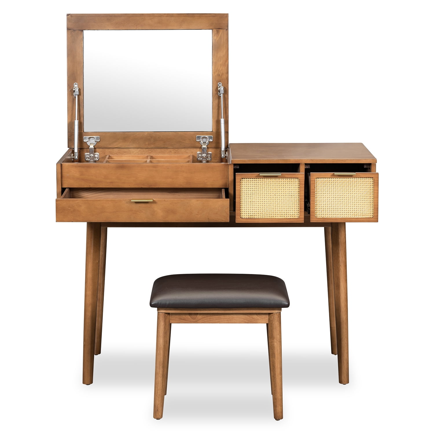 Kadyn 43.3" Classic Wood Makeup Vanity Set with Flip-top Mirror and Stool, Dressing Table with 3 Drawers, Brown Kadyn 43.3" Classic Wood Makeup Vanity Set with Flip-top Mirror and Stool, Dressing Table with 3 Drawers, Brown