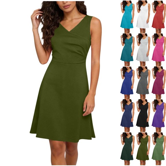 Vhkiploz Plus Size Summer Mini Tank Dress for Women's V-Neck Sleeveless A-Line Dress Solid Color Pleated Tunic Dress, S-4XL