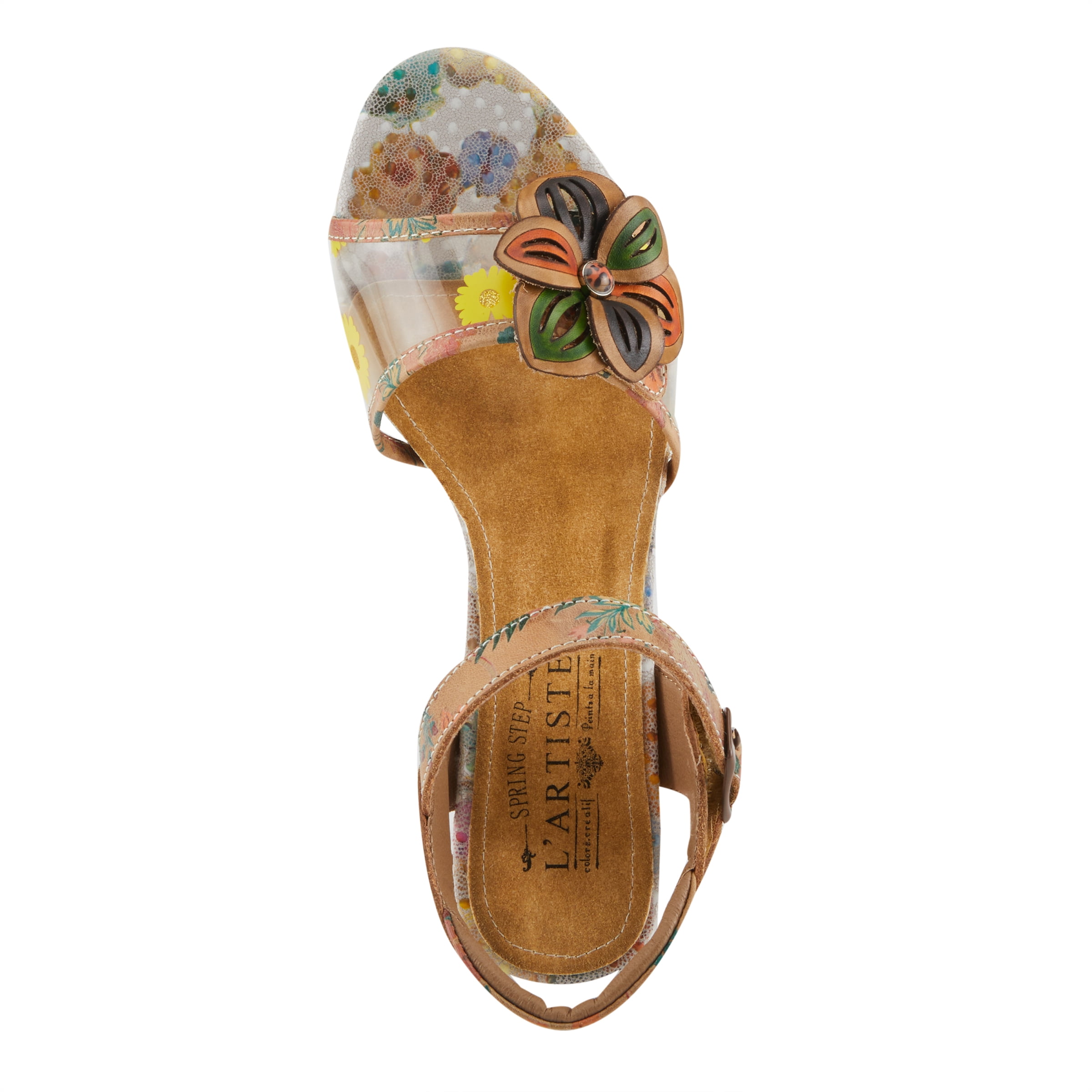 Spring Step L'Artiste Women's BREAKAWAY Floral Sandals - Dried Flower Block Heel, Hook & Loop Strap