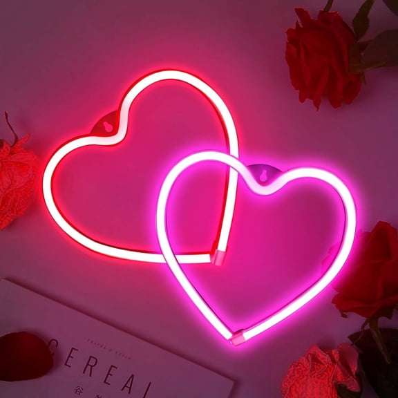 2-Pack Pink & Red Heart Neon Sign LED Light - Battery/USB Powered, Valentine's Day Decor, Wedding Proposal Anniversary Gift, Girls Room Wall Table Decoration