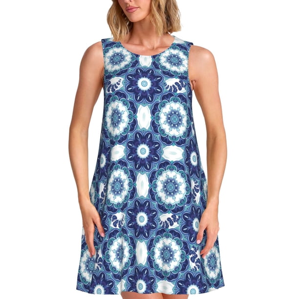 Disketp Vintage Blue para Vestido sin Mangas para Mujeres, Vestidos de Verano para Mujeres, Casual y Holgado para la Playa