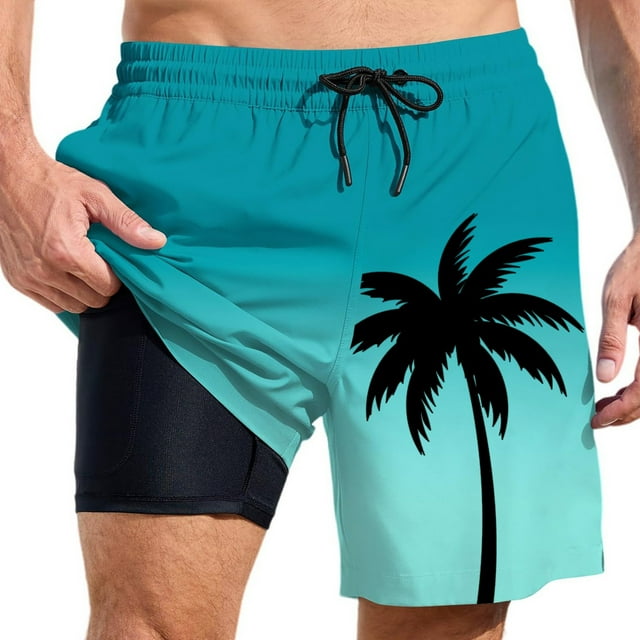 Ediodpoh Men's Swim Trunks Summer Fashion Gradient Color Double Layer Board Pants with Pockets Mens Swim Shorts Green L