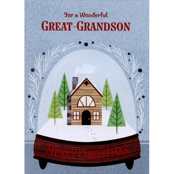 Designer Greetings Cabin and Evergreen Trees in Snow Globe Great-Grandson Christmas Card