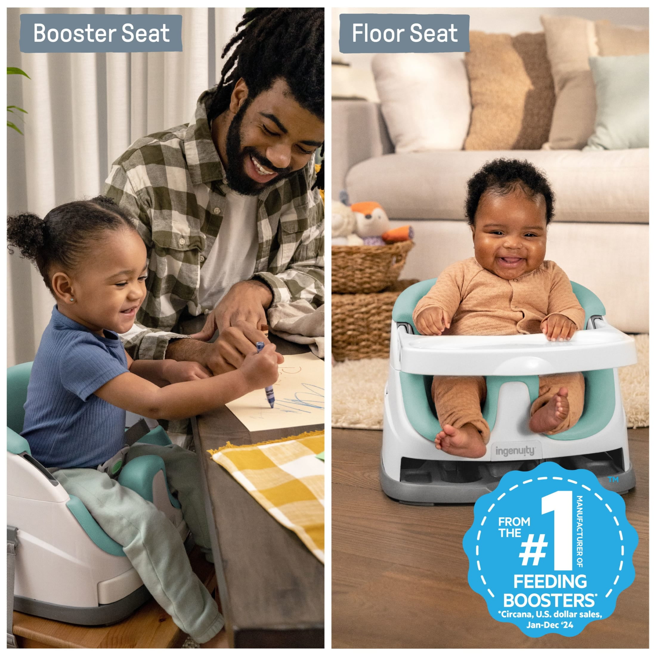 Ingenuity Baby Base 2-in-1 Booster Feeding and Floor Seat with Self-Storing Tray - Mist