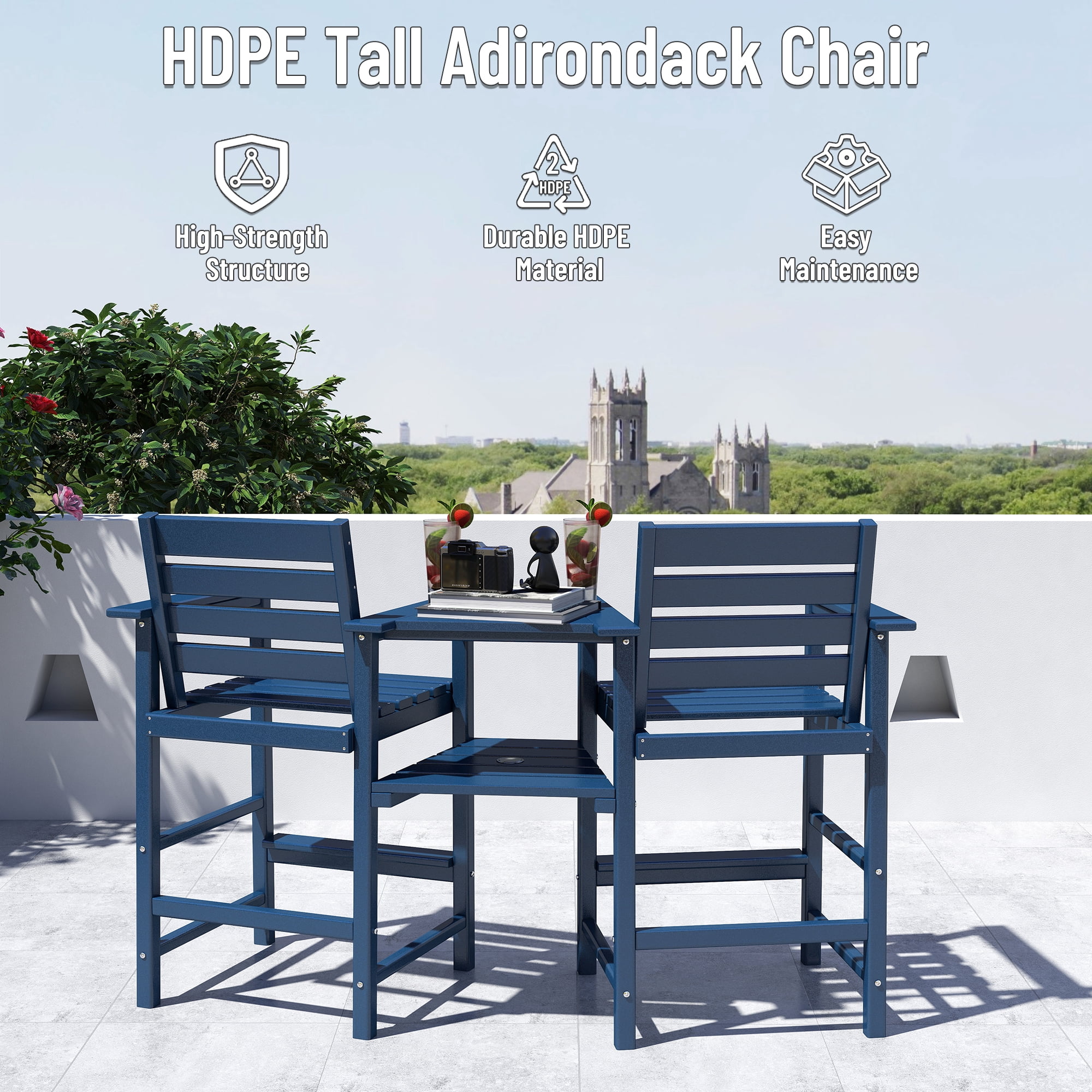 FOOWIN HDPE Plastic Tall Adirondack Chair Set of 2 W/ Outdoor Barstools and Connecting Tray, Blue