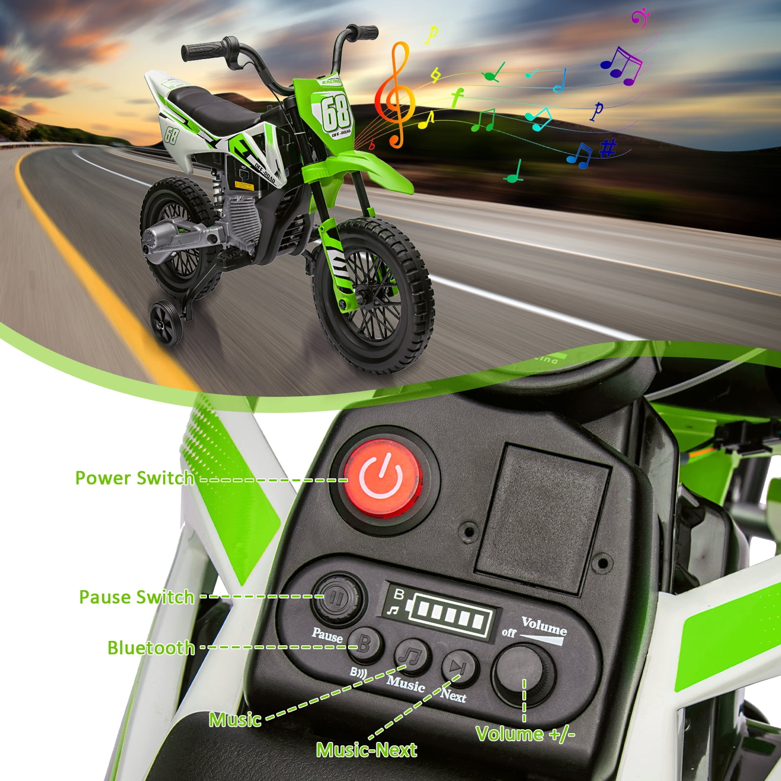 CazToi 12V Kids 3Mph Electric Motorcycle with Training Wheels & Bluetooth Music  for Ages 3-8 Years Old
