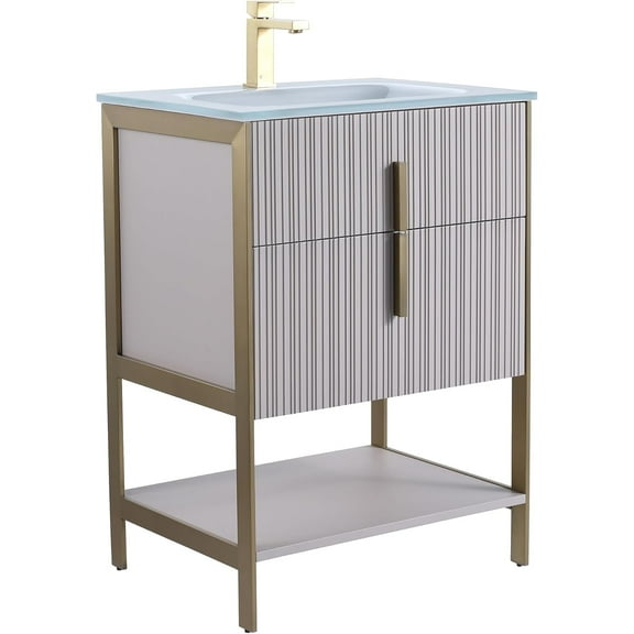 Fine Fixtures Serenity 24 in. W x 18 in. D x 33.5 in. H Bathroom Vanity in Bright Taupe with Glass Single Hole top with Satin Brass Hardware