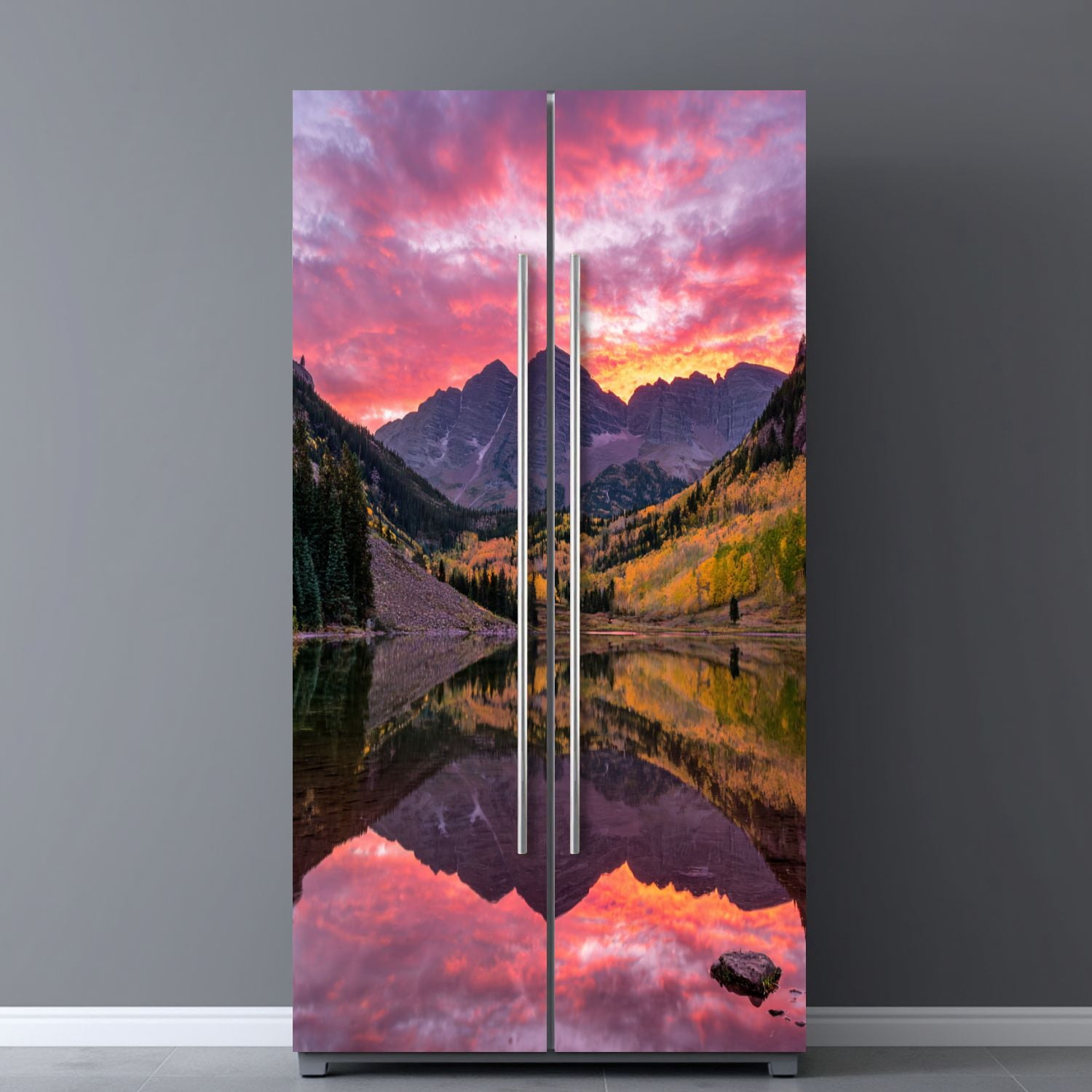 Self Adhesive Vinyl Refrigerator Wrap Set Maroon Bells autumn aspen trees lake reflections Aspen Door Mural Removable Fridge Sticker Peel and Stick&nbsp;Full Door Cover Decal Kitchen Bar Decor