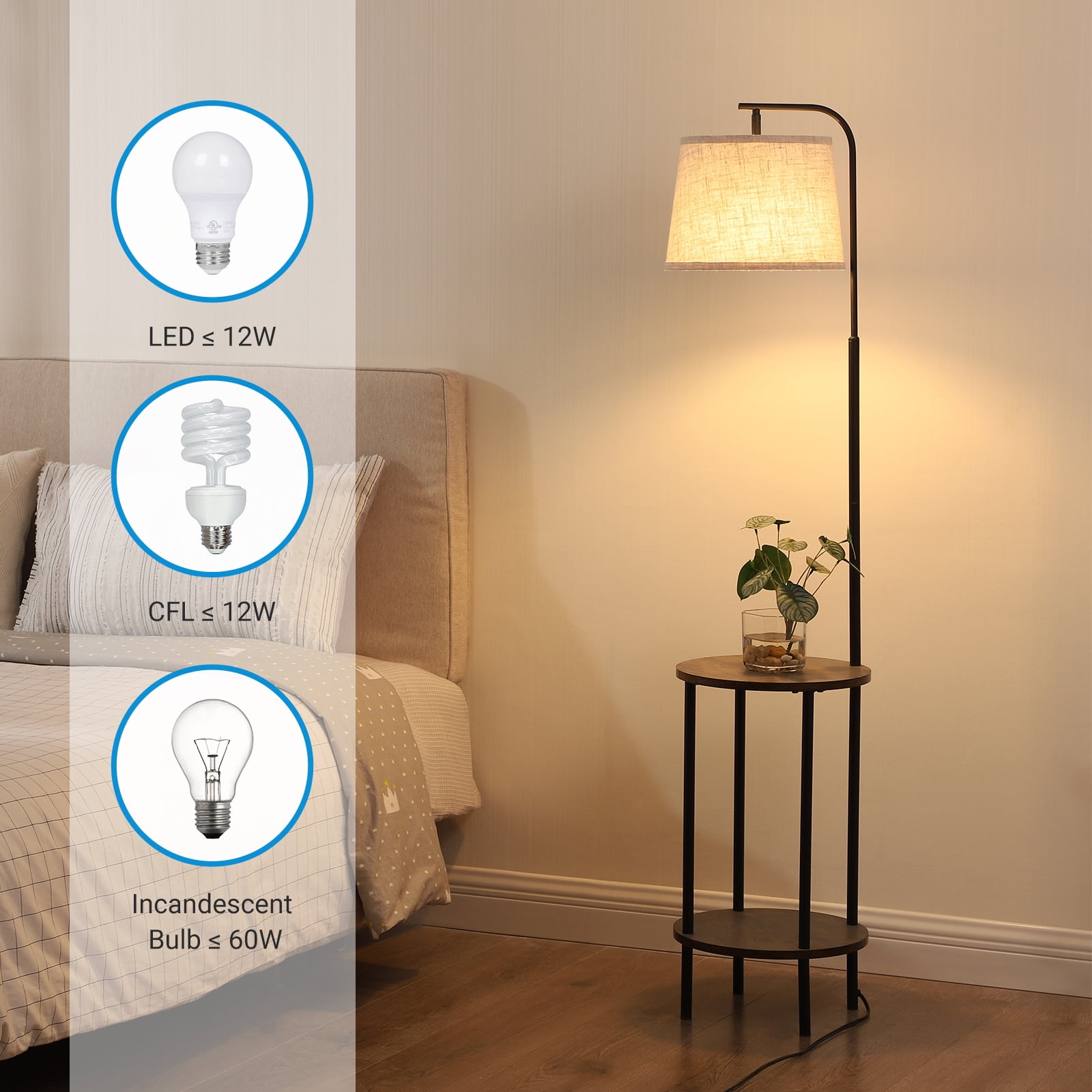 DEWENWILS Floor Lamp with Table for Living Room, 62in Rustic Farmhouse Wooden Floor Lamps, Attached End Table with Lamp for Bedroom, Office, Read Lighting, Home Decor, Brown