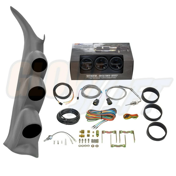 GlowShift | 2000-2006 GMC Sierra 6.6 Duramax Gray Triple Gauge Pillar Pod with Tinted 7 Color Series 60 PSI Boost Gauge, 2400F Pyrometer EGT Gauge & Transmission Temperature Gauge