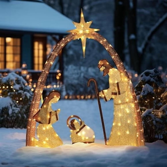 5Ft Lighted Outdoor Christmas Decoration Nativity Scene Set Yard Decor Lawn Home Holiday Party Gold