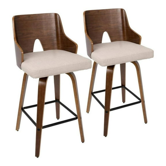 LumiSource Walnut Wood, Beige Fabric, Black Metal Ariana Counter Stool - Set of 2
