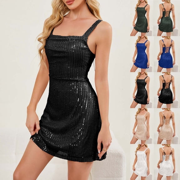 yillto Women Cami Dress Sequin Sleeveless Mini Dresses Spaghetti Strap Party Dresses for Ladies Sparkly Outfits