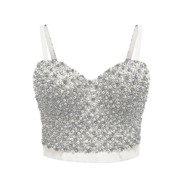 Women Pearl Rhinestones Crop Top Push Up Corset Tank Top Femme Beaded Backless White Tops zhangyuxiang LED