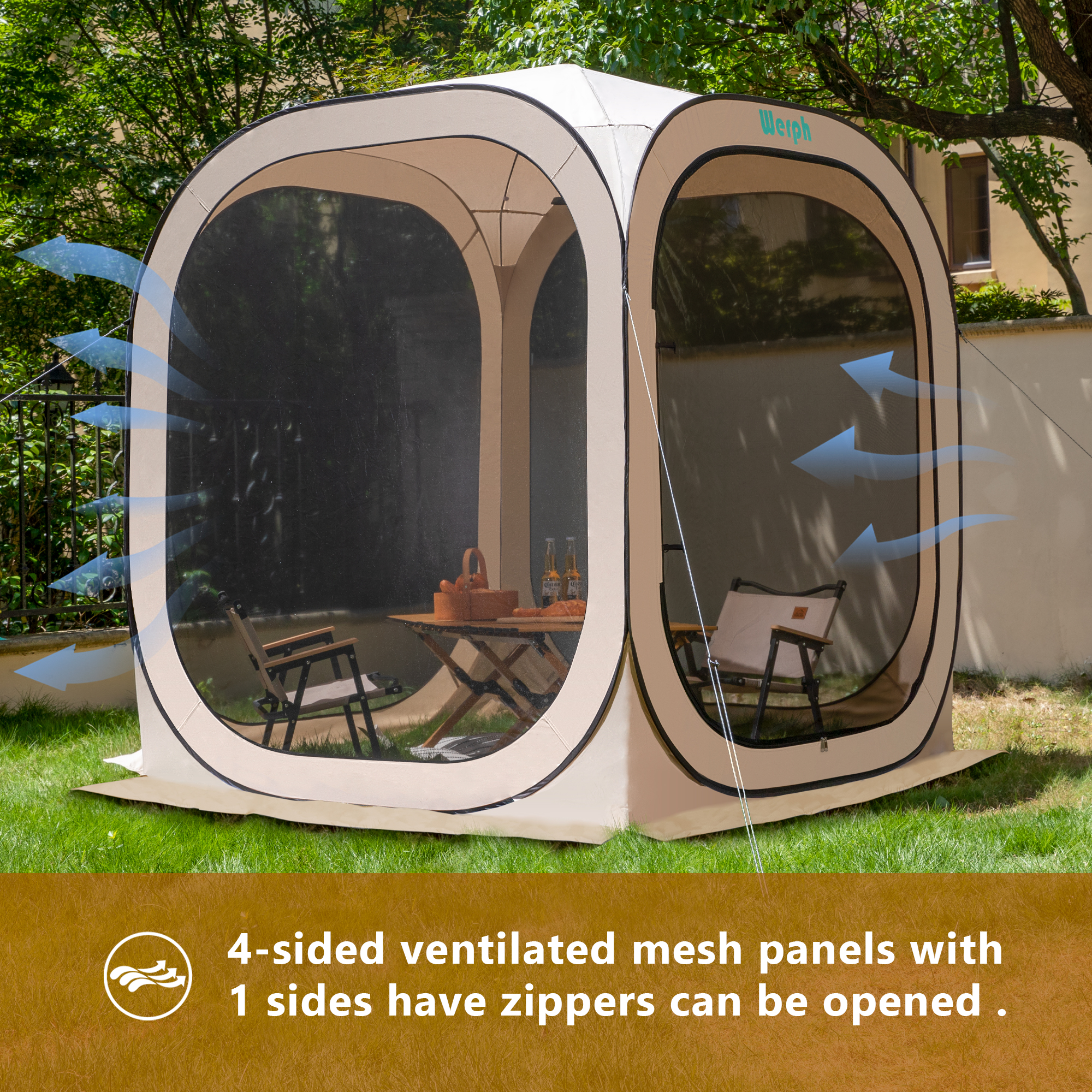 Werph Pop Up Canopy, Portable Canopy Tent with Mesh Mosquito Net, Screen House Room Camping Canopy Shade Tent,6x6 in Beige