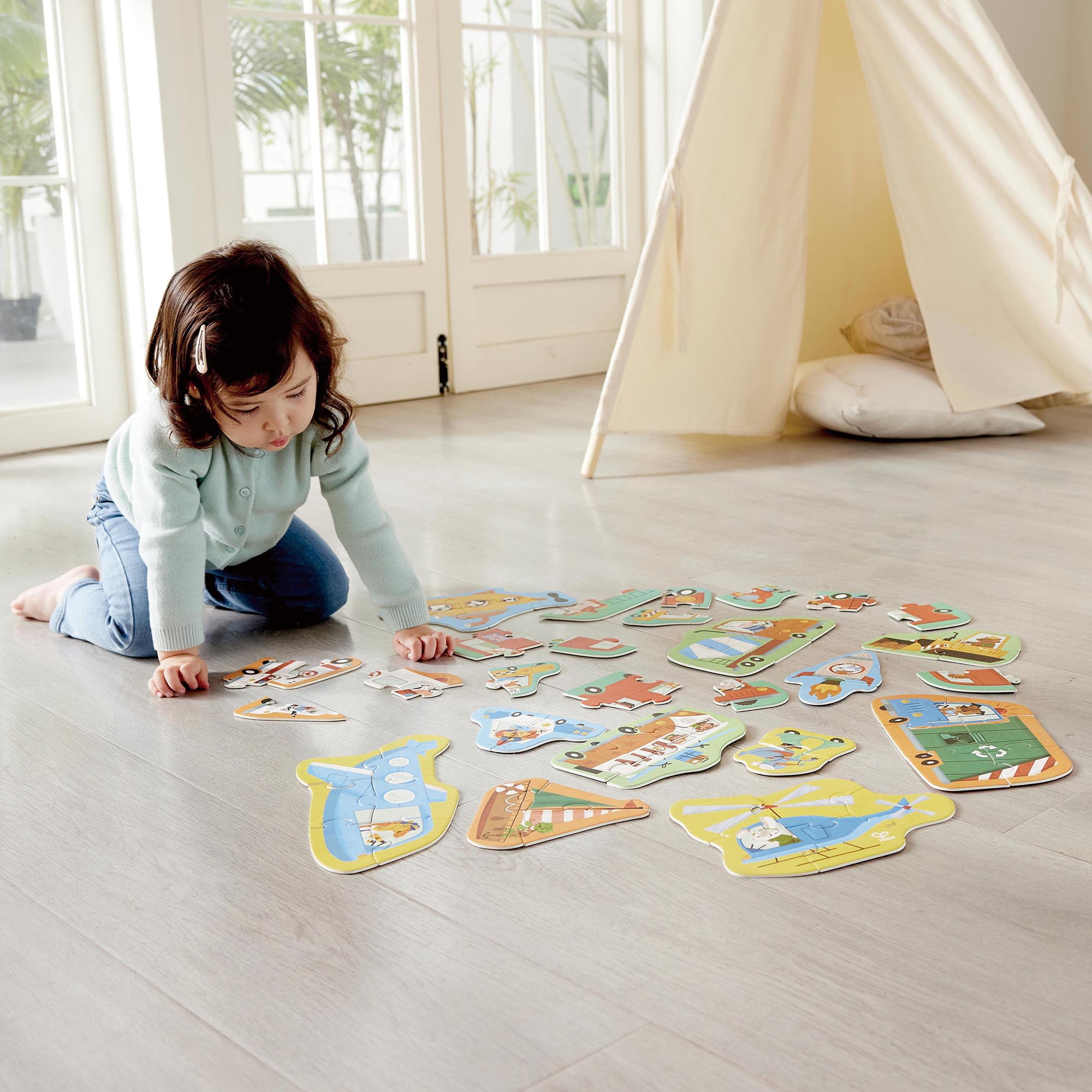 Hape: Wheels & Wonders Puzzle - 15 Mini Vehicle Shaped Puzzles, 2-6 Oversized Pieces Each, Animal & Transportation Themed, Toddlers & Kids Ages 18mo+