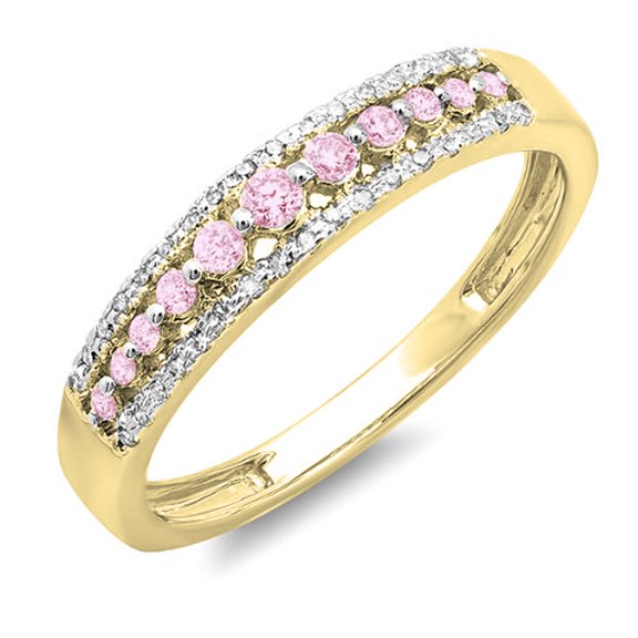 0.25 Carat (ctw) 18k Yellow Gold Round Pink Sapphire & White Diamond Ladies Anniversary Wedding Band Ring 1/4 CT