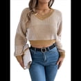 thumbnail image 1 of Suéter Corto de Mujer con Cuello en V y Larga, Jersey de Punto Caqui L, 1 of 10