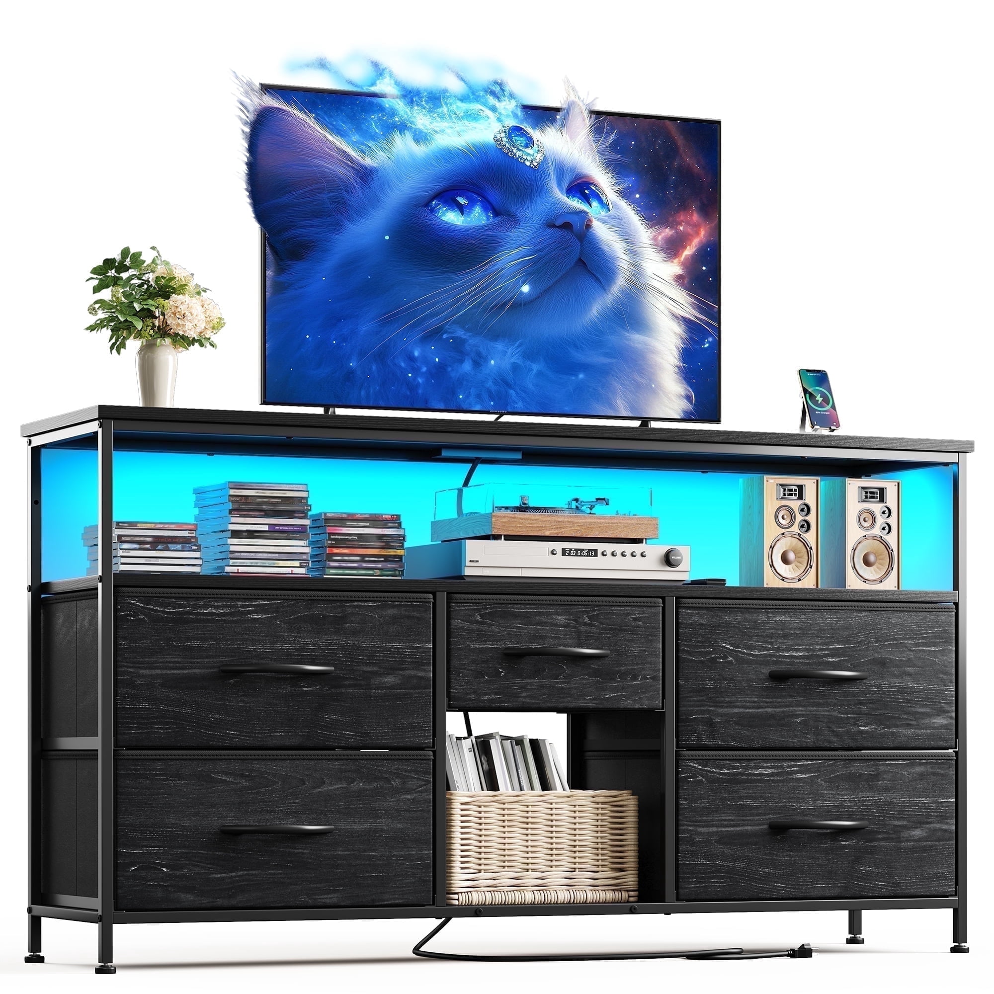 EnHomee Wide Dresser with 5 Drawers TV Stand for 50"Inch TV, Dressers for Bedroom with LED Lights & Power Outlets,Black
