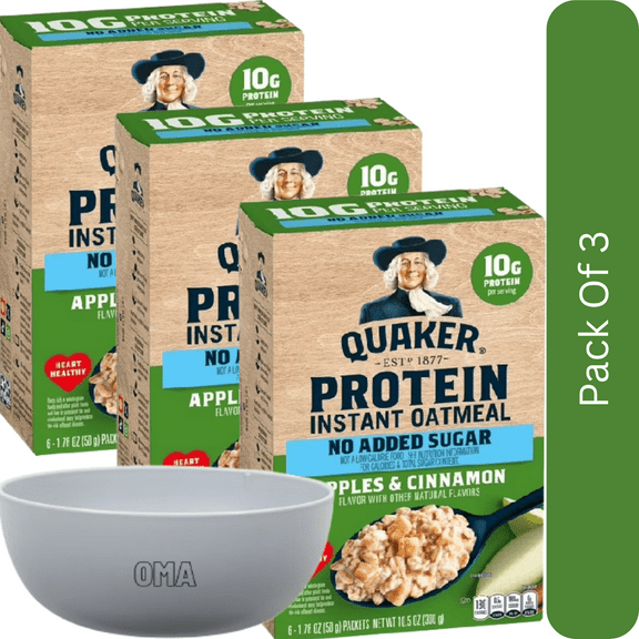 Quaker Protein No Added Sugar Instant Oatmeal – Apple & Cinnamon (10.5 oz Box)- 3pk, With White Bowl By OMA