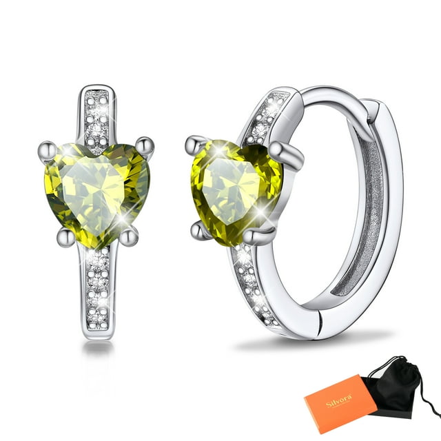 Pendientes de aro de plata de ley con piedras natales Silvora para mujer. Diamantes creados. Delicada joya de regalo para cumpleaños o Navidad