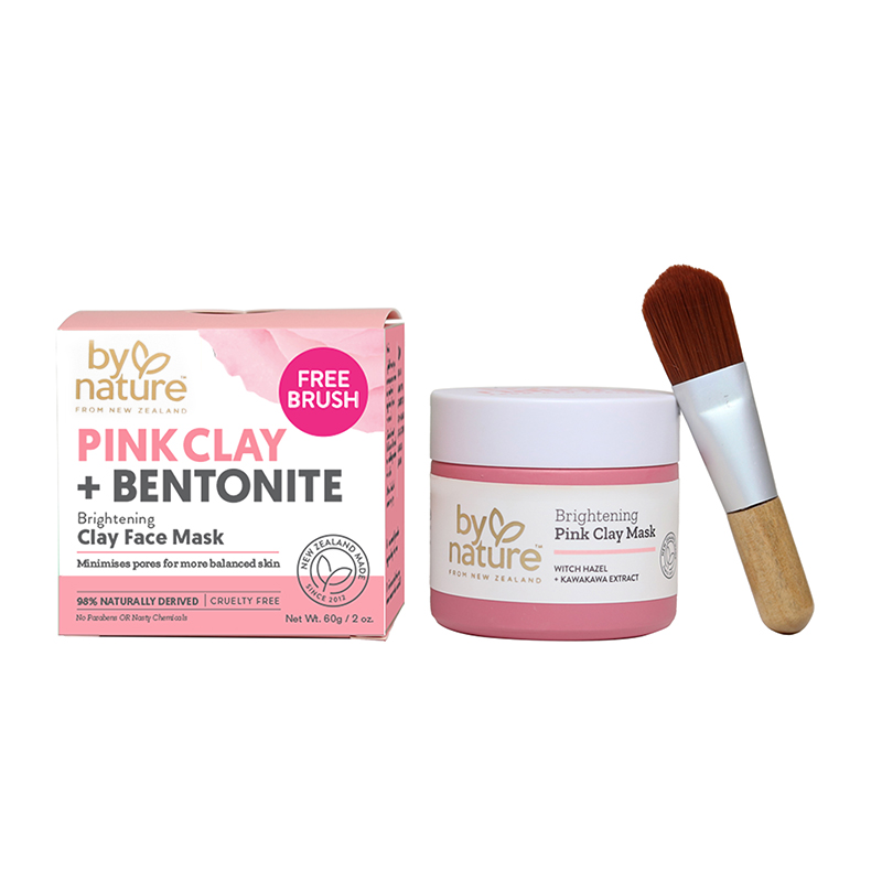 By Nature Pink Clay + Bentonite Brightening Clay Face Mask with Applicator for Dull Skin, 2 oz