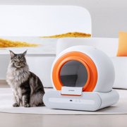 Holaki Smart Automatic Self-Cleaning Cat Litter Box with Mat & Garbage Bag, APP Control, Large Space 65L, White + Deep Walnut
