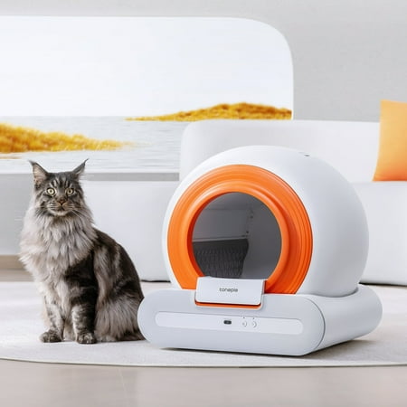 Holaki Smart Automatic Self-Cleaning Cat Litter Box with Mat & Garbage Bag  APP Control  Large Space 65L  White + Deep Walnut