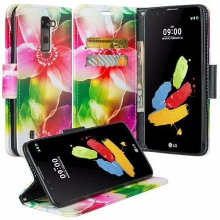 Leather Wallet Cover LG K10, LG Premier Case, Slim Magnetic Flip Kickstand Wrist Strap - Flower