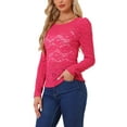 thumbnail image 4 of INSPIRE CHIC Valentine's Day Women's Tops Puff Long Sleeve Semi Sheer Floral Lace Blouses L Hot Pink, 4 of 6