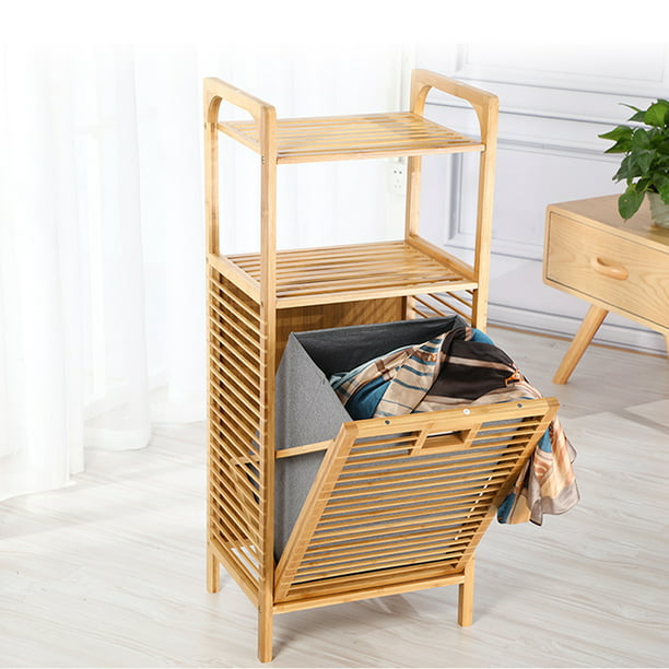 Nisorpa Tilt-Out Bamboo Laundry Hamper with 2 Tier Storage Shelf and ...
