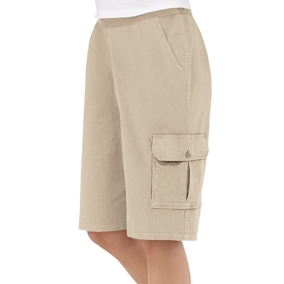 Collections Etc Women's Elastic Waist Cargo Pocket Short, Khaki, Medium