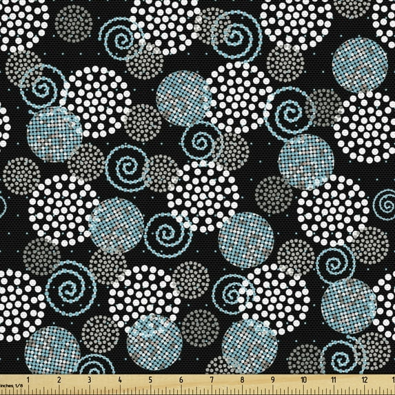 Abstract Fabric by the Yard, Classic Vintage Geometric Circles and Round Shaped Spirals Celebration, Decorative Upholstery Fabric for Chairs & Home Accents, Sky Blue Black Grey by Ambesonne
