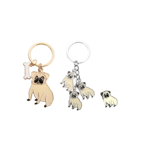 3 PCS Dog Brooch Keychain Set, 2 Puppy Keyring Keyfob Metal Pet ID Tags and 1 Dog Brooch for Clothing Bag Adornment Accessory Pug