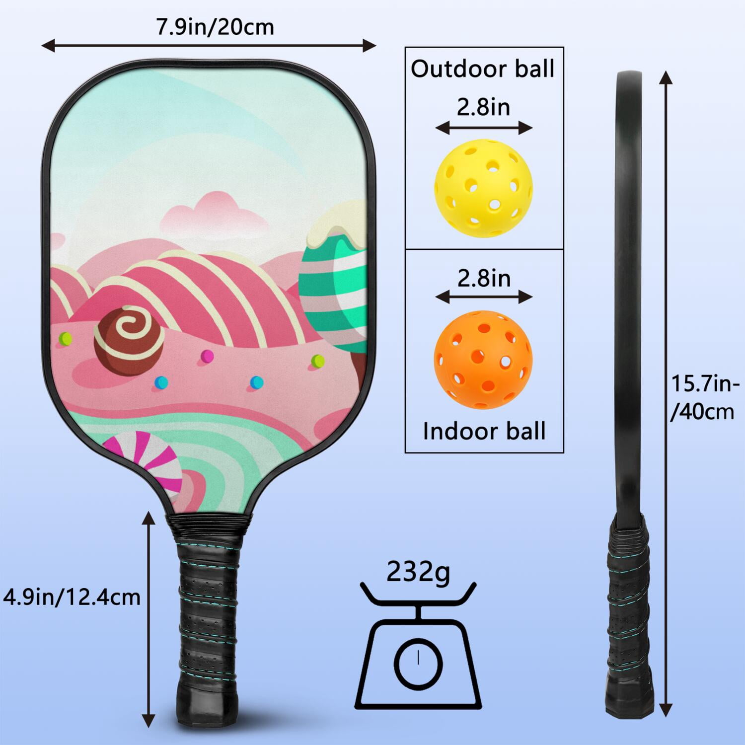 Pickleball Paddles Set Of 1, Fiberglass Surface, Sweet Candy Print, 1 Paddle, 2 Balls & Bag