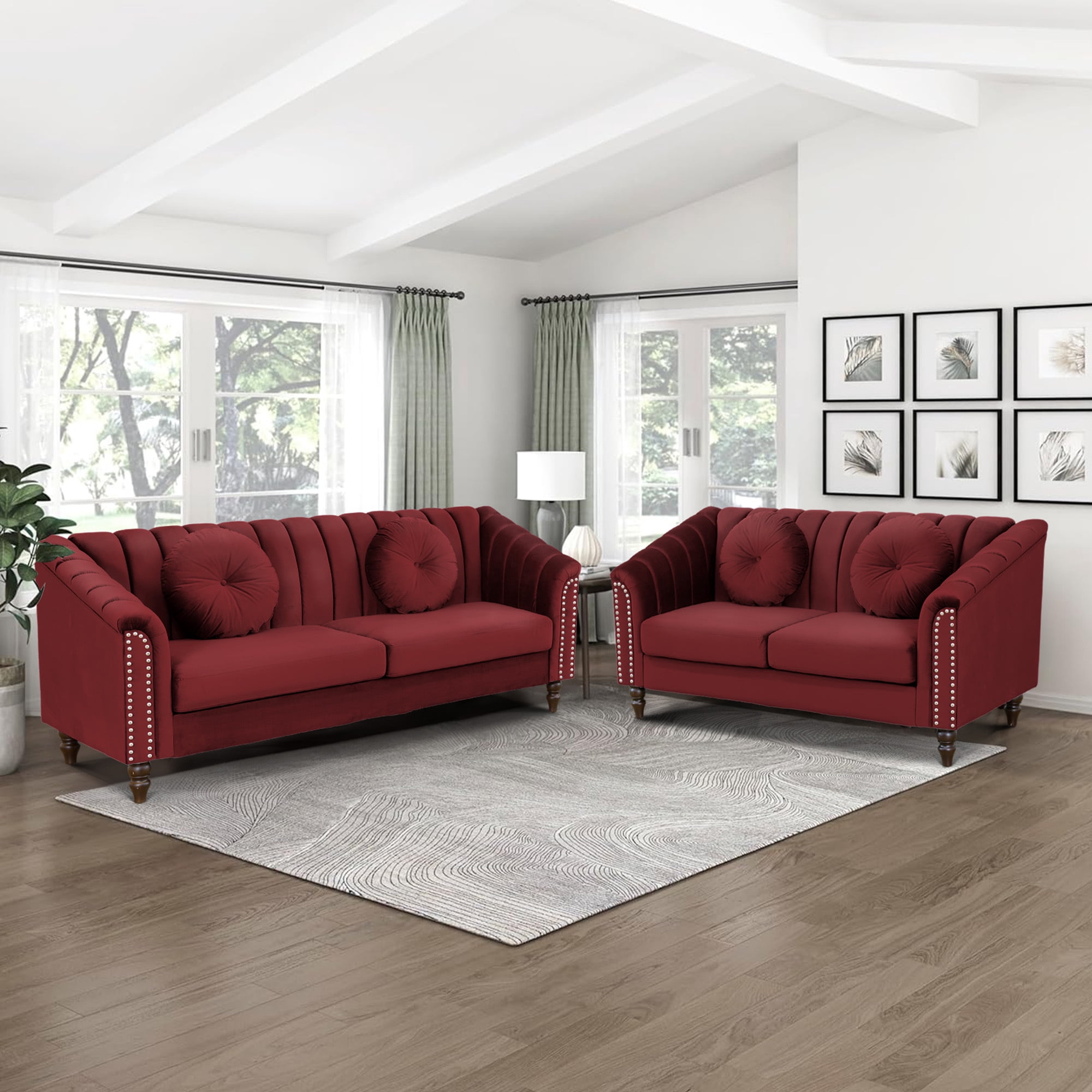 Aukfa 2 Pieces Sectional Sofa Couch Set, 21" Deep Seat Sofa for Living Room, 3 Seat Sofa, Loveseat,Red