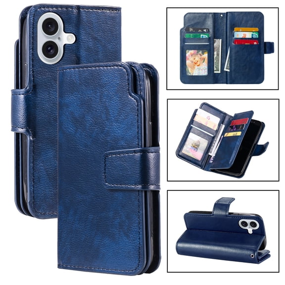 Wallet Case for iPhone 16 Plus,[9 Card Holders & 2 Cash Pocket] RFID Blocking Premium PU Leather Magnetic Flip Kickstand Folio Case Durable TPU Shell Protective Luxury Cover - Blue