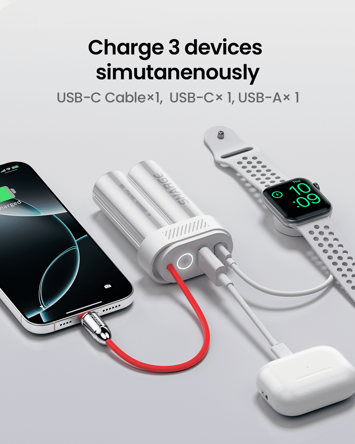 sharge Power Bank 10000mAh 30W Portable Charger with Built-in Type C Cable USB-C and USB-A Port Battery Pack for iPhone 16/15 Galaxy S24 iPad Pixel 9