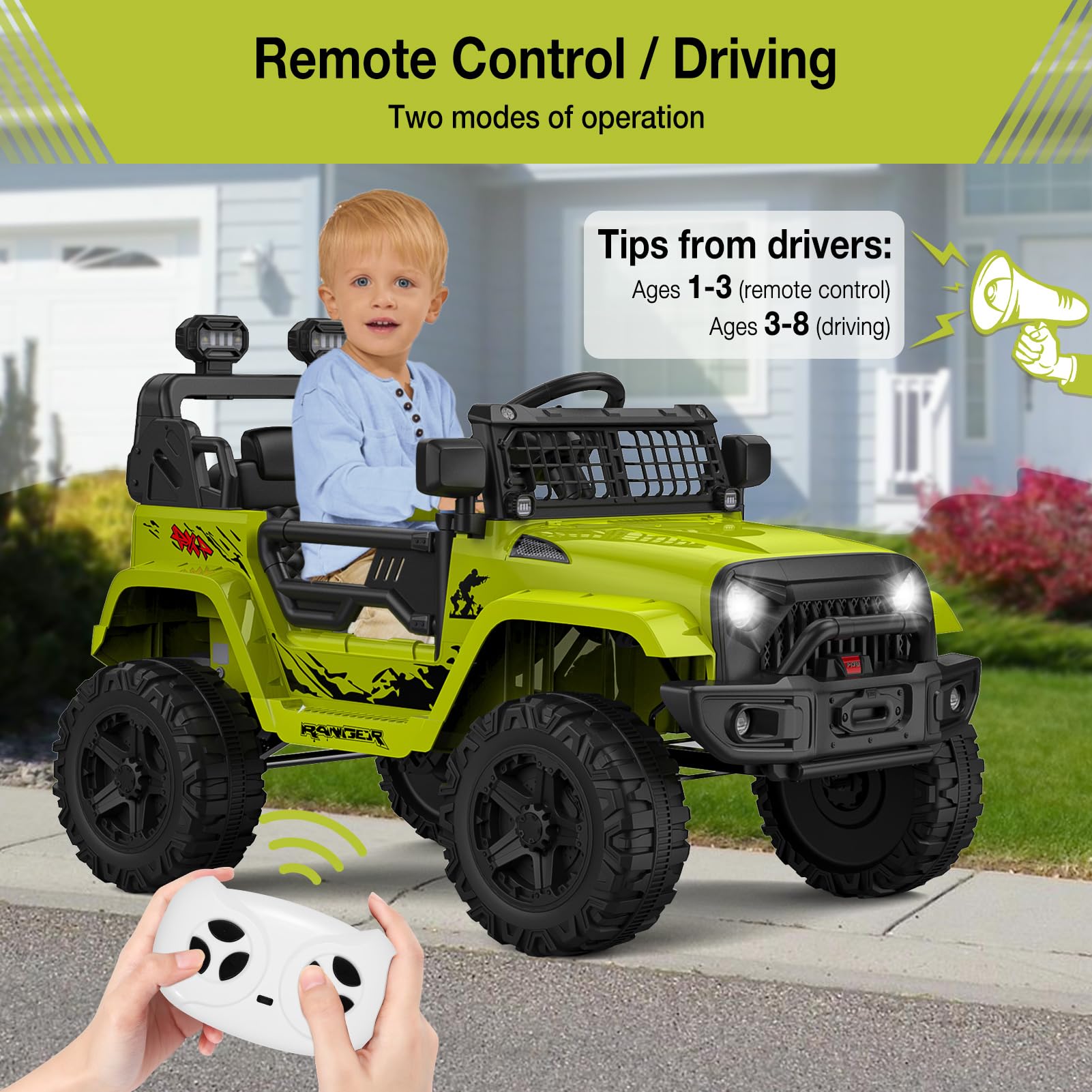 Ride on Truck Car 12V Kids Electric Mini Jeep with Remote Control Spring Suspension, LED Lights, Bluetooth, 2 Speeds (Green) - image 2 of 8